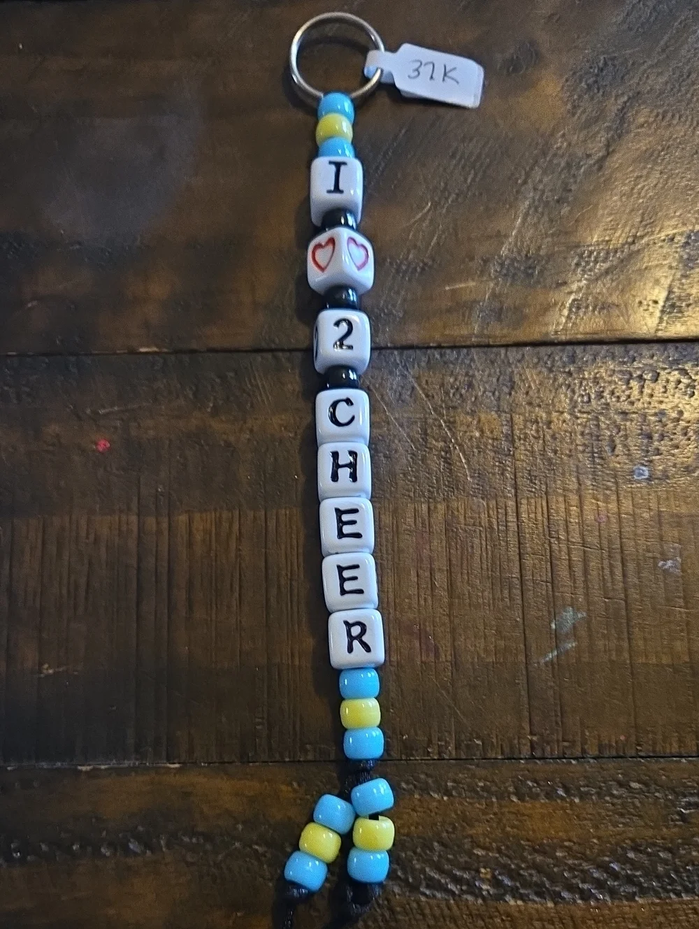 'I ♥ 2 CHEER' Blue & Yellow Beaded Keychain